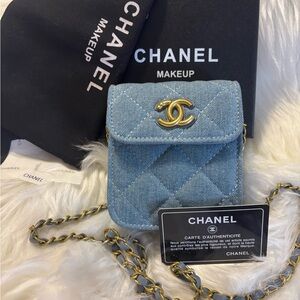 Chanel Beauty Makeup Denim Quilted Mini Bag with Gold Hardware
